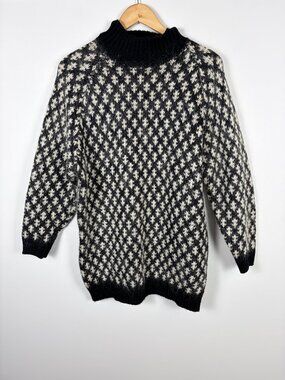 Tarazzia Sweater Womens Small Black Cream Fair Isle Wool Blend Mock Neck